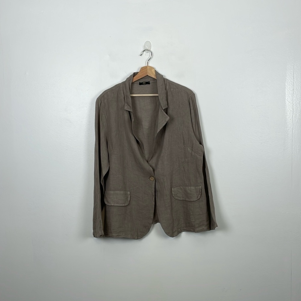 NT By Amati Italy Linen Long Sleeve 1 Button Blazer Womens Faux Pocket Taupe